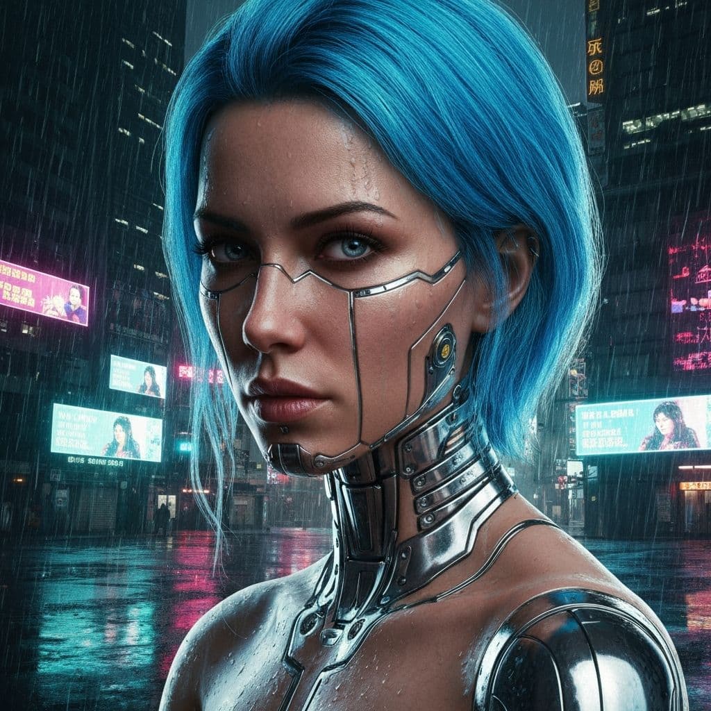 Cyberpunk woman with neon blue hair and chrome implants