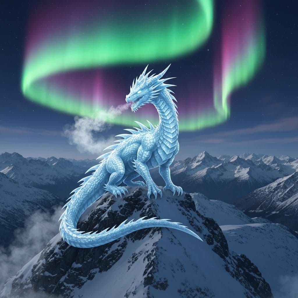 Crystalline ice dragon on snowy mountain peak