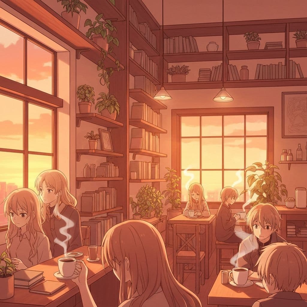 Cozy anime cafe interior at sunset